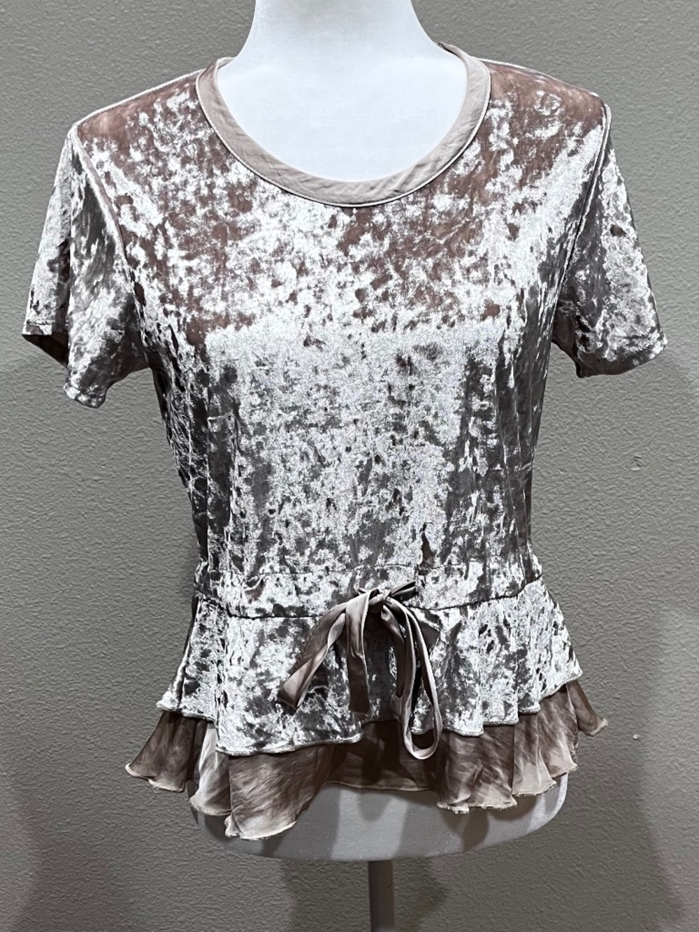 W by WILT Velour Top Silky Velvet Flounce Ruffle Hem Tie Waist Short Sleeve